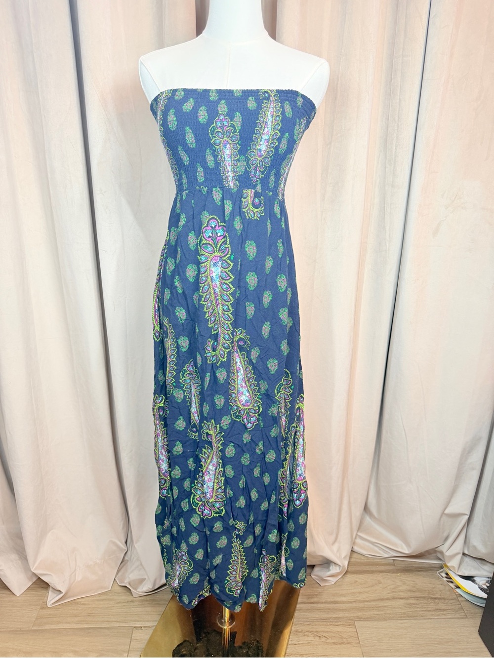 Strapless Navy Paisley Maxi Dress